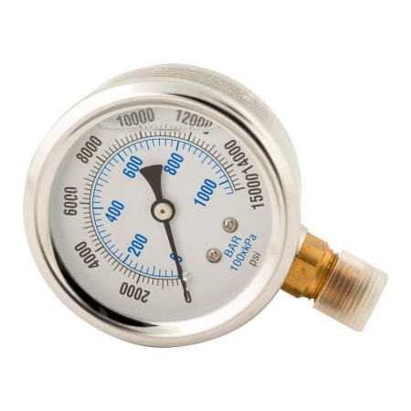 Bva Hydraulics BVA Hydraulic Pressure Gauge, 2-1/2in Face Glycerin Filled 0-15,000 PSI 1/4in-18 NPTF GW2514